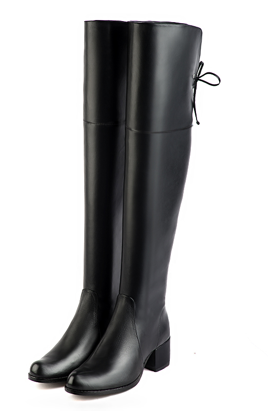 Satin black women's leather thigh-high boots. Round toe. Low leather soles. Made to measure. Front view - Florence KOOIJMAN
